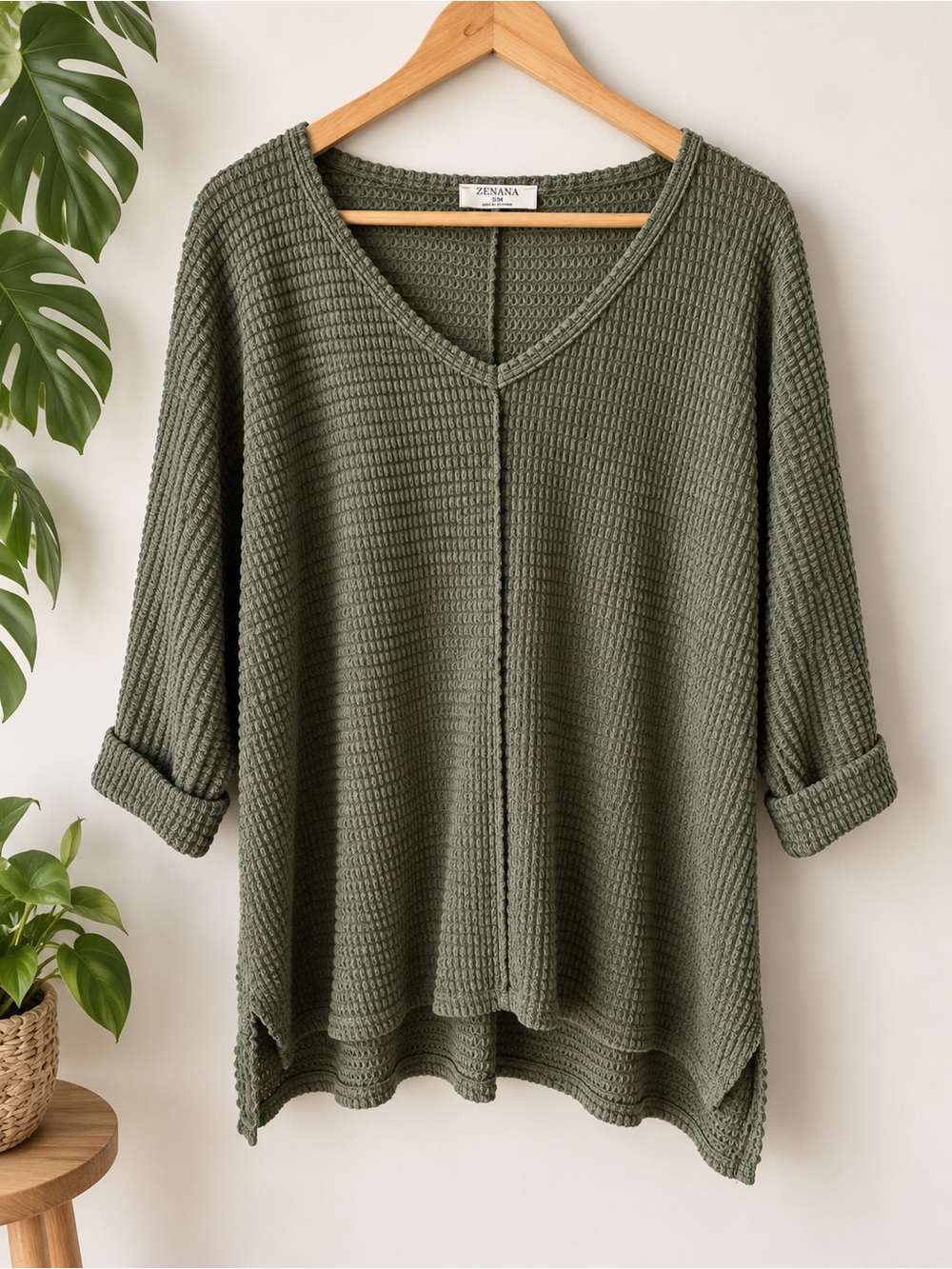 Zenana Waffle Knit Green Oversized Top Size S/M